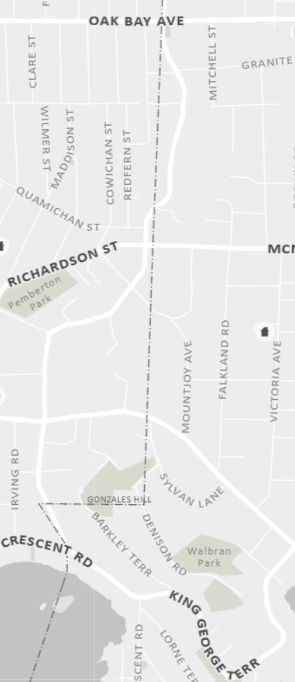 section of CRD map showing municipal boundary between south Oak Bay and City of Victoria
