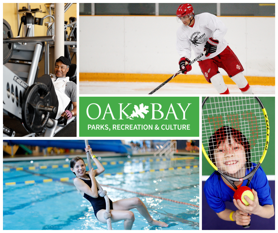 Four images showing highlights of Oak Bay Recreation Centre. Top left: adult on workout equipment. Top right: adult playing hockey. Bottom left: child enjoying the rope swing at the pool. Bottom right: child with tennis racquet.