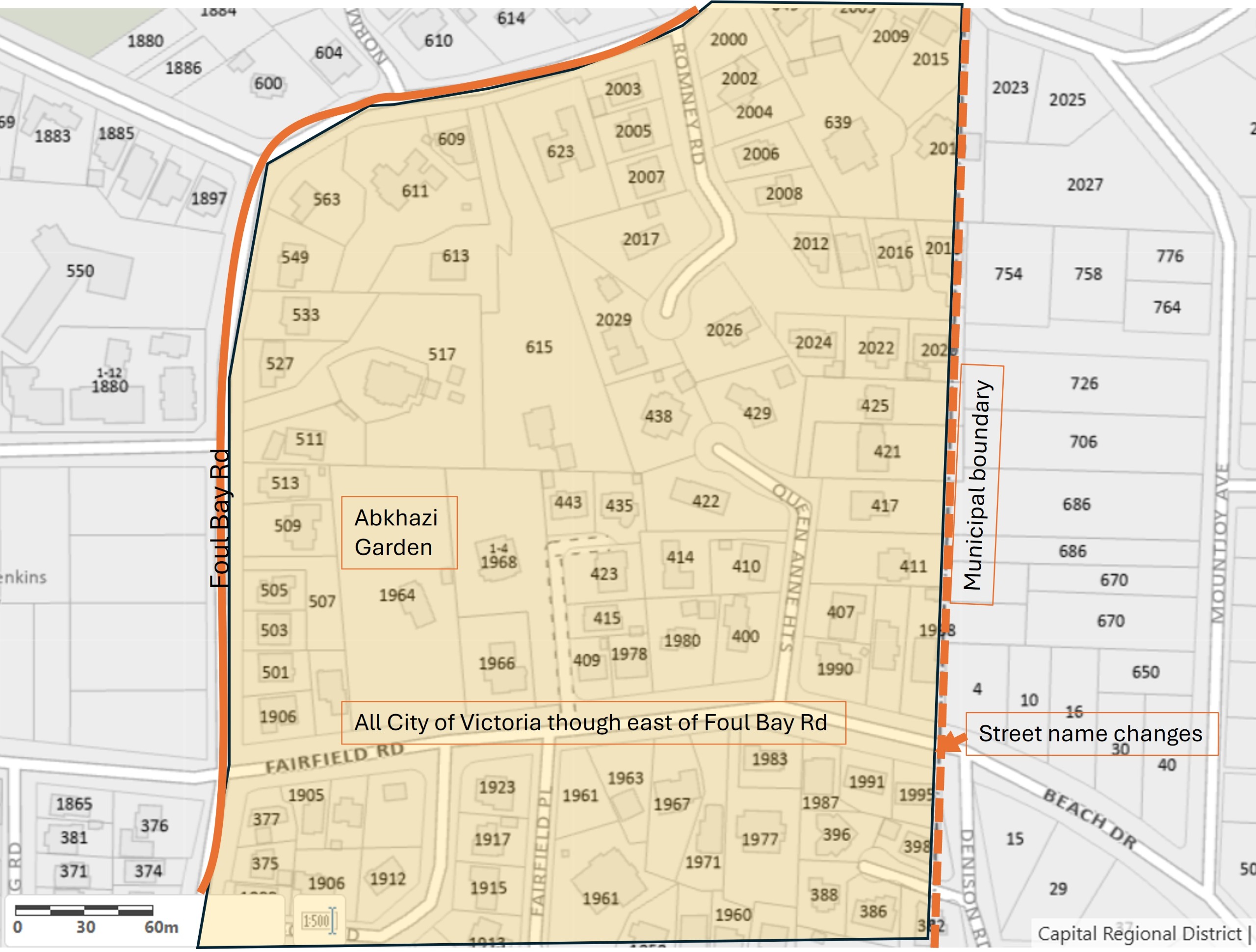 Map showing properties in City of Victoria although east of Foul Bay Rd,
