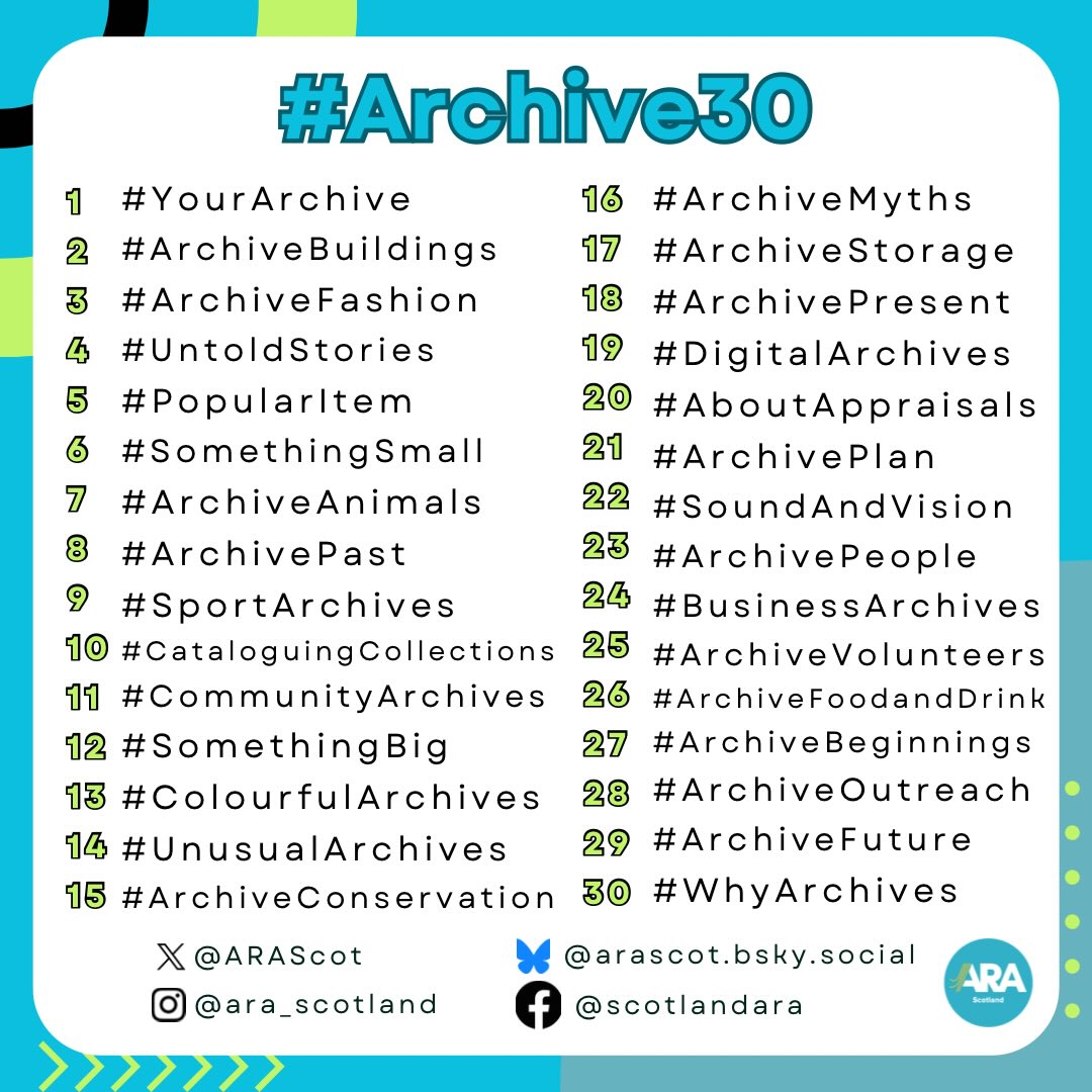 ​#Archive30 2026 prompts list from the Scottish Archives & Records Association